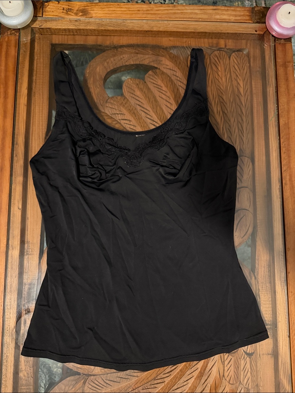 Black Women's Scoop Neck Tank Top with Lace Trim